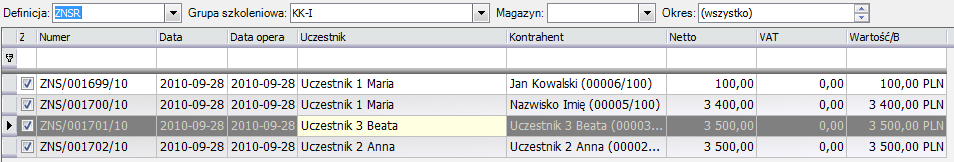 ZSN 7 ), a w polu Grupa wybraną grupę szkoleniową. Rys. 49 Filtrowanie listy dokumentów.