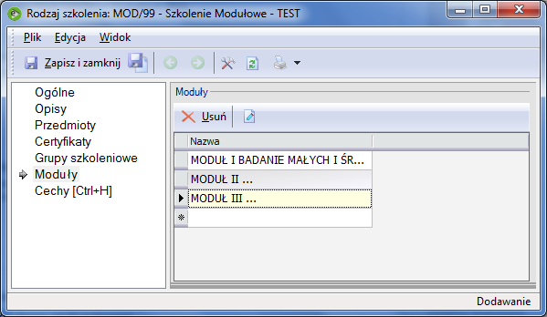 Rys. 56 Rodzaj szkolenia. Na zakładce Moduły należy wpisać nazwy poszczególnych szkoleń modułowych.