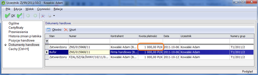 Kliknięcie przycisku OK spowoduje, że na liście dokumentów handlowych pojawia się nowy dokument ZNS na kwotę, którą zobowiązał się zapłacić nowy płatnik.