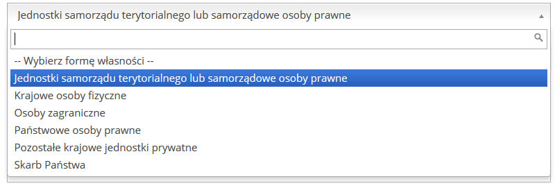 Pola słownikowe (jednokrotnego wyboru) służące do wyboru odpowiedniej wartości z rozwijanej listy.