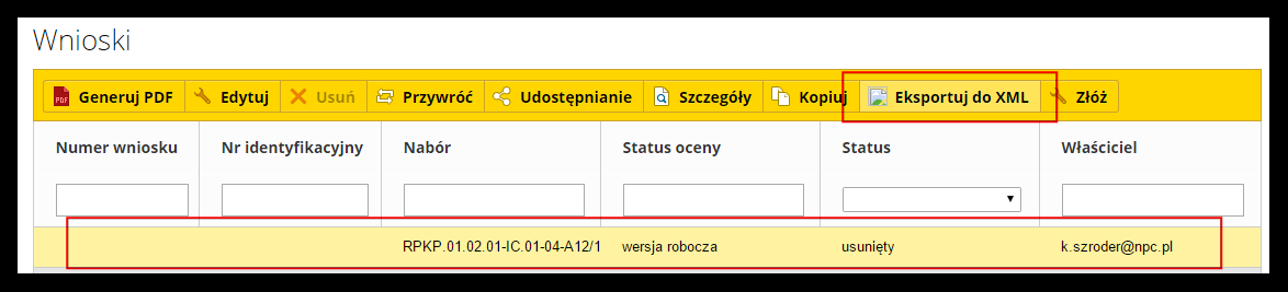 Kopiowanie wniosku Funkcja kopiowania pozwala na stworzenie nowego wniosku na podstawie już istniejącego. Wszystkie pola zostaną skopiowane do nowego wniosku.