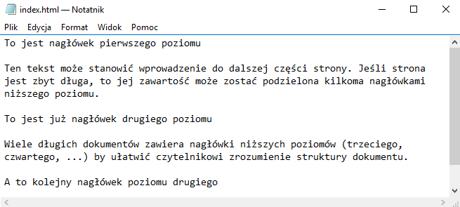 ET stopień - semestr Przykład 2.1. Wprowadź tekst widoczny na rys. 2.2 używając Notatnika i zapisz go jako index.html. Obejrzyj plik w przeglądarce. Rys.2.2. Treść strony przykład 2.