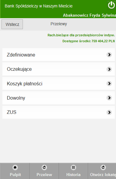 6.3. Przelewy Po wybraniu rachunku z menu głównego, z którego chcesz zrobić przelew przechodzisz do okna Menu rachunku, w którym wybierasz zakładkę Przelewy. Otrzymujesz okno z Przelewami.