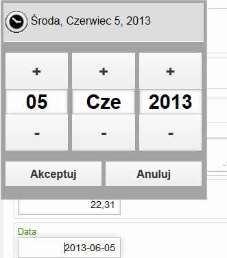 Data domyślnie podstawiana jest data dnia bieżącego. Możesz ją zmienić - klikając na ramkę Data, wywołujesz podręczny kalendarz, w którym ustawiasz żądaną datę.