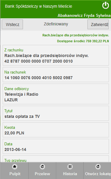 Po wypełnieniu wszystkich pól przesuwasz formularz przelewu w dół ekramu, aby dotrzeć do nagłówka, w którym przyciskiem Dalej przechodzisz do okna z wypełnionym formularzem przelewu w celu