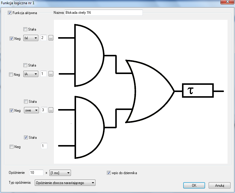 Wersja: 01/2015 Rysunek 1.25: Okno Funkcja logiczna nr 1 Każdą funkcję logiczną można nazwać. Nazwy będą pojawiały się na karcie Wyjścia i na liście okna Dostępne sygnały. Przykładowo funkcja z rys.