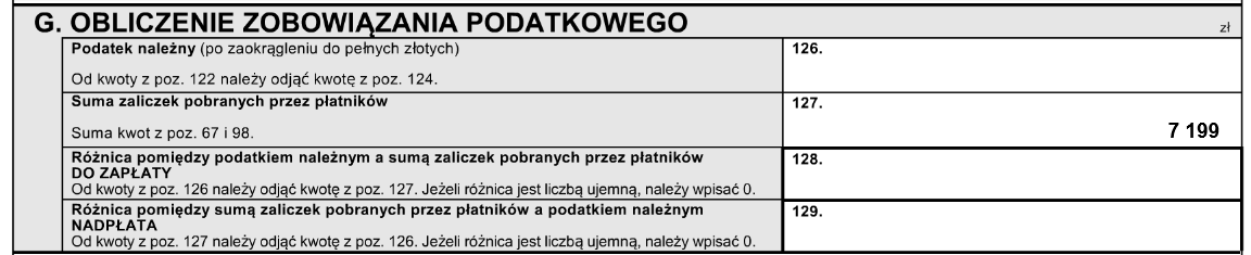 II. Obliczenie podatku po odliczeniach. Zgodnie z instrukcją na formularzu oblicz kwotę podatku po odliczeniach, którą należy wpisać w pozycji 122. 8 III. Obliczenie zobowiązania podatkowego.