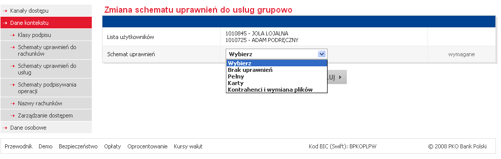 Pojedyncze przypisanie klas podpisu do użytkownika Jeżeli Użytkownik ma mieć odrębną klasę podpisu, należy: postąpić tak jak w przypadku grupowego nadawania klas podpisu, z tym że należy wybrać tylko