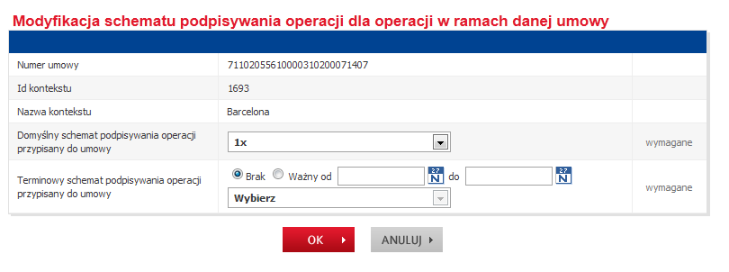 Na kolejnym ekranie należy z listy rozwijanej wybrać odpowiedni schemat podpisywania operacji, można także ustawić schemat terminowy.