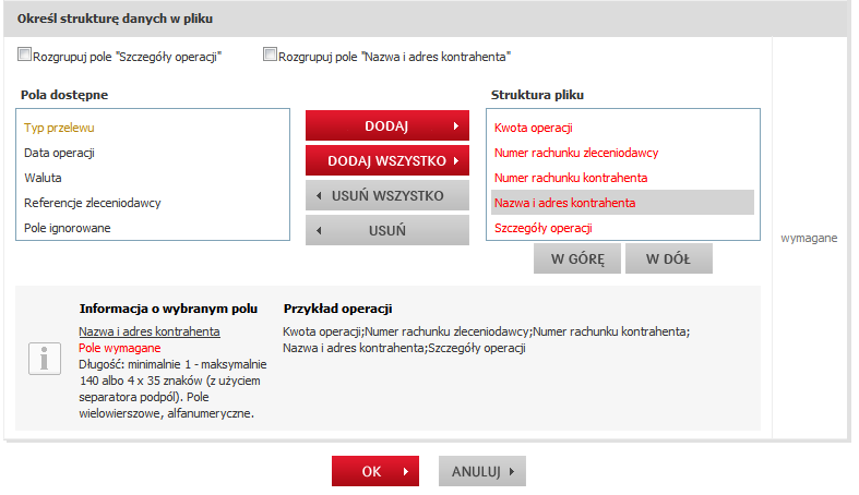 Określenie struktury pliku Określenie struktury pliku, polega na odwzorowaniu układu pól, znajdujących się w pliku, który ma zostać zaimportowany.