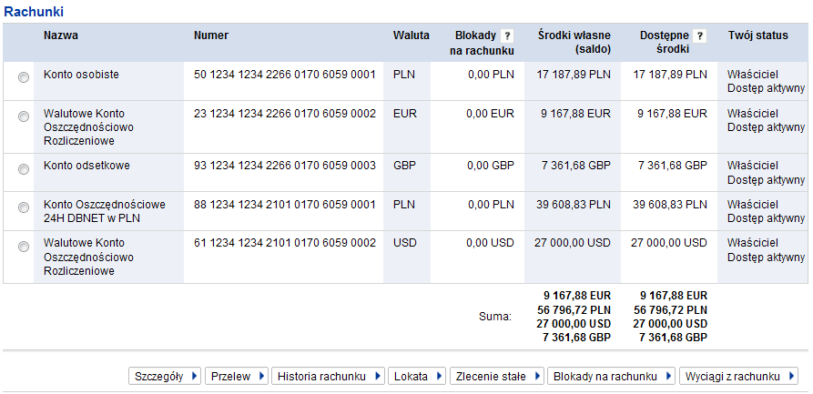 Rachunki www.deutschebank.pl > > Rachunki W zakładce Rachunki znajdziesz następujące funkcje: Uzyskanie informacji o posiadanych rachunkach oraz ich szczegółach.