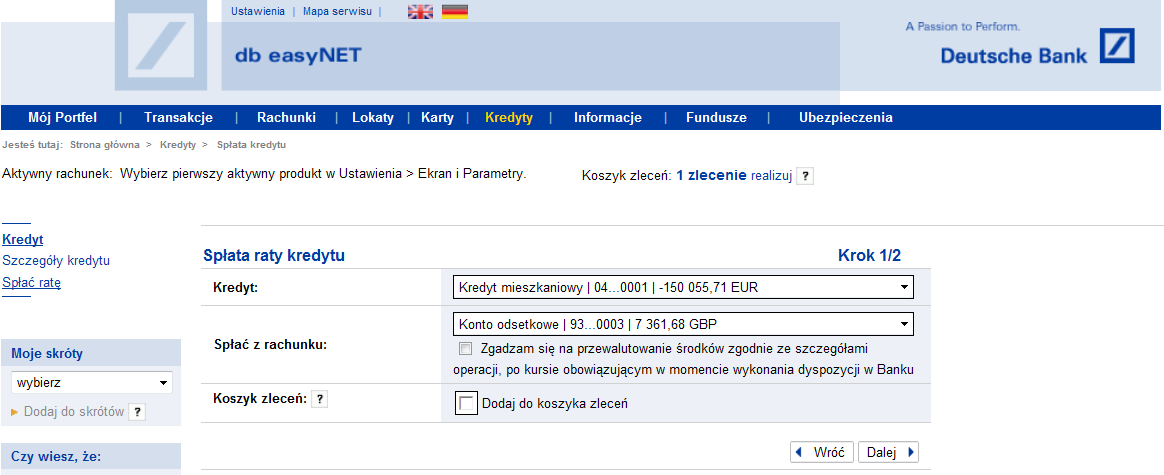 Korzystając z przycisków nawigacyjnych umieszczonych pod listą kredytów, możesz przeglądać szczegóły danego kredytu oraz harmonogramu kredytu.