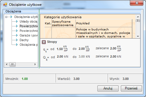 010-011.4.6.2. Obciążenia użytkowe wg PN-EN 1991-1-1:2004 Eurokod 1 W oknie Obciążenia użytkowe wybieramy odpowiednie obciążenia użytkowe, montażowe i technologiczne: 010-011.4.6.3.