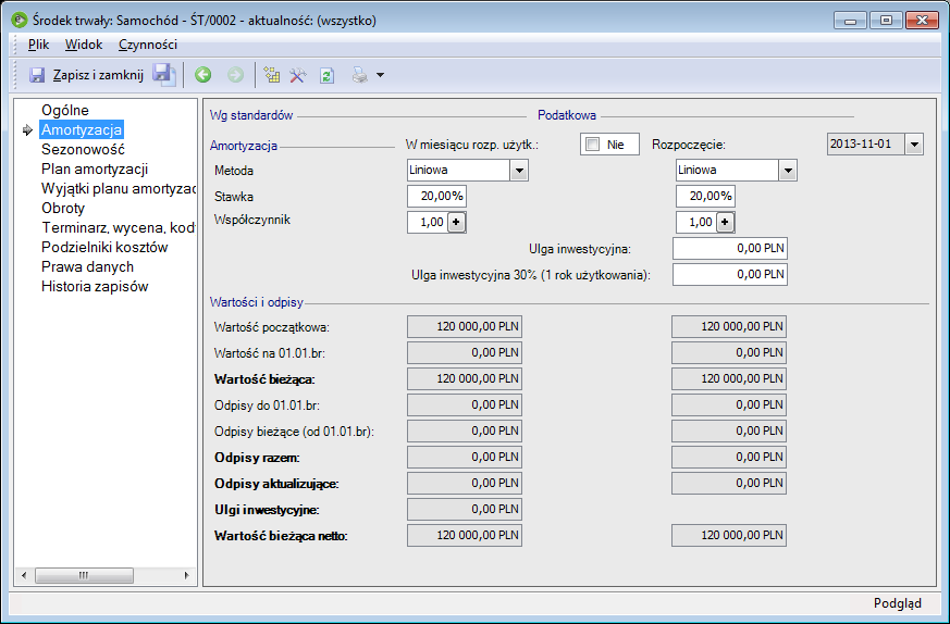 Środek trwały zakładka Amortyzacja. W miesiącu rozp. użytk zaznaczenie okresu rozpoczęcia amortyzacji.