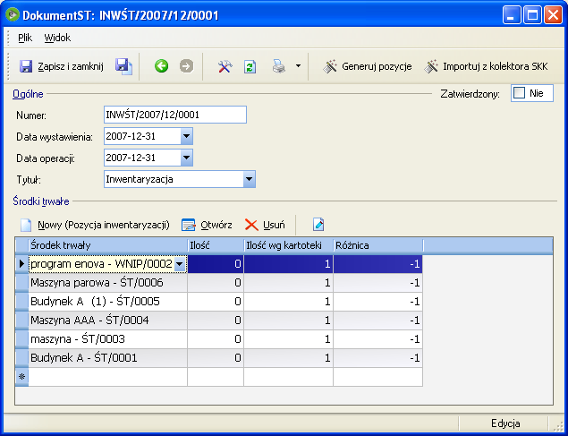 Opcje / Handel / Kolektory danych W Księdze inwentarzowej na liście Dokumentów środków trwałych należy stworzyć nowy dokument inwentaryzacji i wykonać w nim czynność Generuj pozycje.