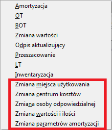 Dokumenty aktualizujące parametry dla Środków Trwałych i WNiP W księdze inwentarzowej na liście Dokumenty środków trwałych dostępne są dodatkowe dokumenty: Zmiana miejsca użytkowania, Zmiana centrum