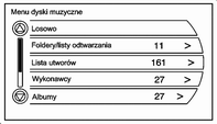 44 Podłączanie zewnętrznych odtwarzaczy audio Nacisnąć dowolny z przycisków kategorii na Menu dyski muzyczne, aby wyświetlić odpowiedni ekran kategorii: Losowo: nacisnąć, aby odtworzyć utwory w