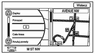 Nawigacja 81 Ulubiona trasa 1. Po zaplanowaniu trasy nacisnąć przycisk NAV, aż wyświetli się ekran z pełnym widokiem mapy. 2. Nacisnąć pokrętło TUNE/MENU. Wyświetli się menu. 3.