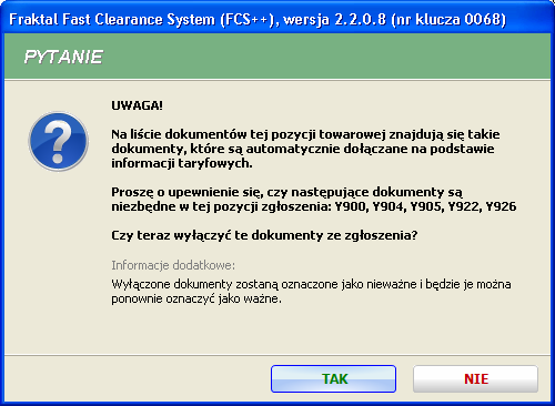 Po wyborze rodzaju towaru, program sprawdzi, czy na liście dokumentów wymaganych są juŝ jakieś inne (wcześniej dodane) dokumenty dotyczące ograniczeń obrotu.