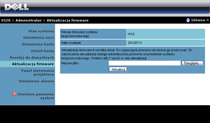 Aktualizacja firmware Użyj strony Aktualizacja firmware do aktualizacji firmware połączenia bezprzewodowego projektora.