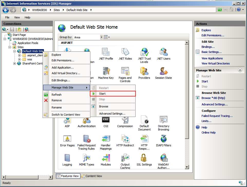 computer / Web Sites a następnie z menu kontekstowego dla pozycji Default Web Site wybrać Start.
