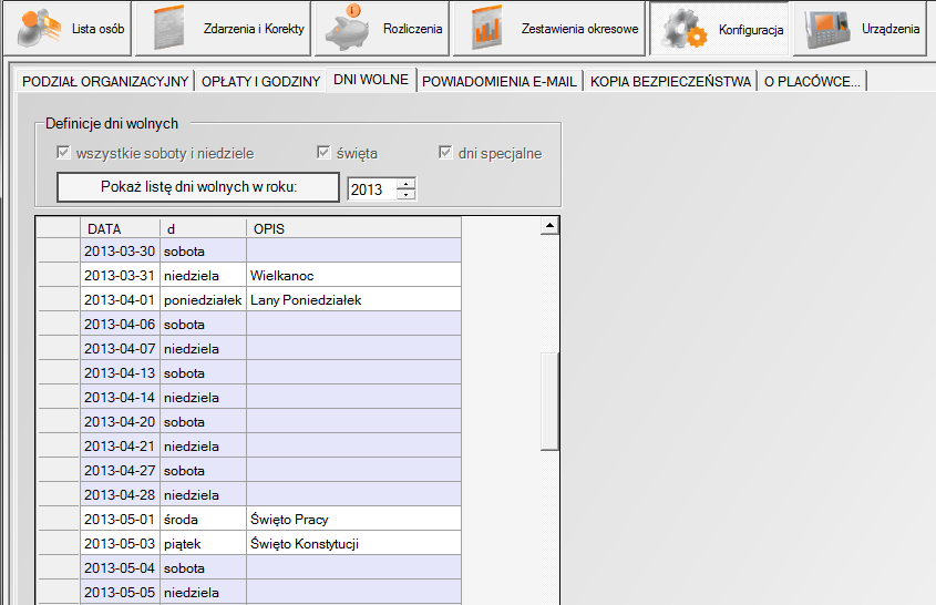 dni wolne - zarządzanie kalendarzem dni wolnych (dni w których program nie nalicza opłat) powiadomienia e-mail - definiowanie parametrów poczty elektronicznej oraz informacji