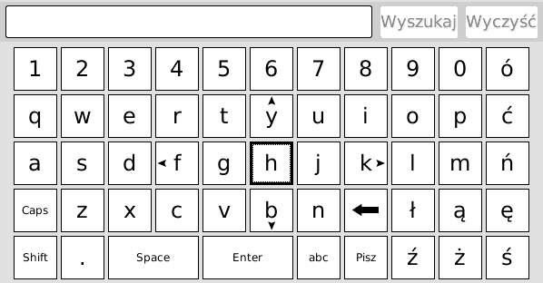 Klawiatura Klawiatura ekranowa służy do wpisywania tekstu w pola tekstowe. Znaki możemy wstawiać przy pomocy szarego pierścienia nawigacji (przedni panel urządzenia) Ilustracja 60: Widok klawiatury.