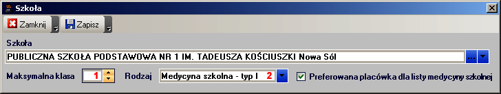 W polu Maksymalna klasa (1) trzeba określić maksymalną klasę, która może zaistnieć w tej placówce. W liście Rodzaj należy sprawdzić czy typ medycyny szkolnej jest określony prawidłowo.