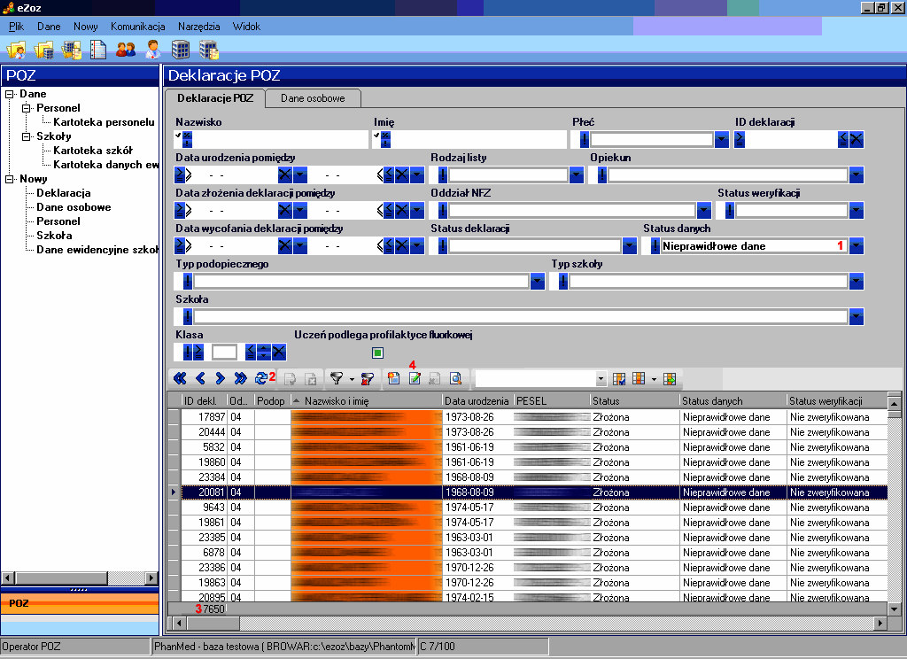 Spowoduje to wypełnienie tabeli z deklaracjami, które wymagają manualnego poprawienia danych. Po wybraniu wiersza w tabeli, należy nacisnąć przycisk Edycja (4).