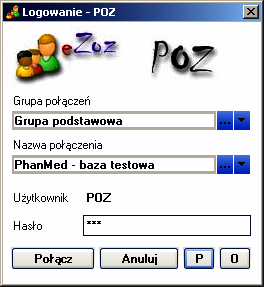 Przykładowo wypełnione okno logowania znajduje się poniżej. Po prawidłowym uruchomieniu programu na ekranie pojawi się główne okno modułu POZ.