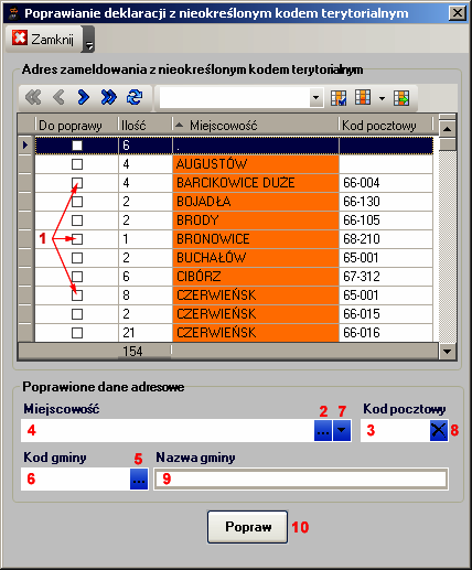 Poprawianie kodów terytorialnych miejsca zameldowania Aby wykonać grupowe poprawianie kodów terytorialnych miejsca zameldowania, należy z menu Narzędzia wybrać pozycję Poprawianie kodów