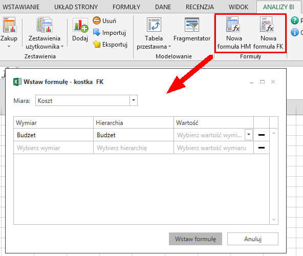 Sage Symfonia ERP Business Intelligence MS Excel formuły do danych W dodatku Analizy BI dla programu MS Excel przygotowano formuły odwołujące się do danych w kostce korzystając ze zdefiniowanych miar.