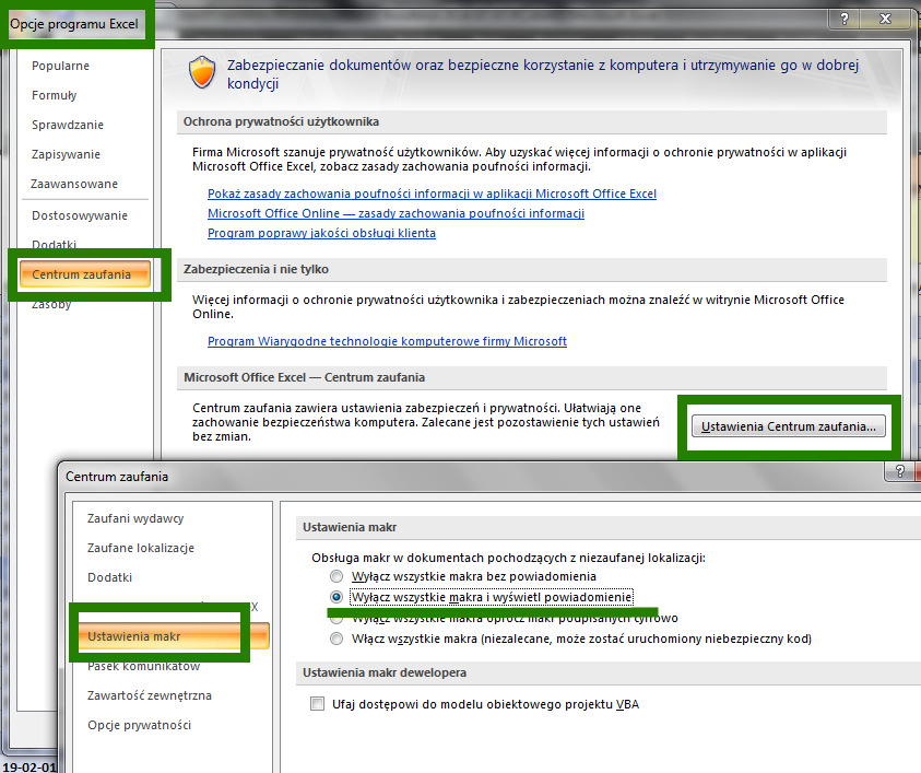 a następnie, po wejściu do Opcji, otworzyć Centrum zaufania, w Ustawieniach Centrum zaufania przejść do Ustawień makr i zaznaczyć pozycję Wyłącz wszystkie makra i wyświetl powiadomienie : Po