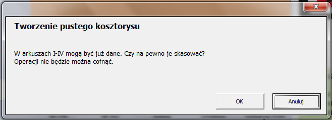 Po kliknięciu przycisku Generuj pojawi się okienko wyboru, za pomocą którego można określić, czy generowany szablon ma służyć do przygotowania kosztorysu rozwoju projektu filmu fabularnego (w takiej