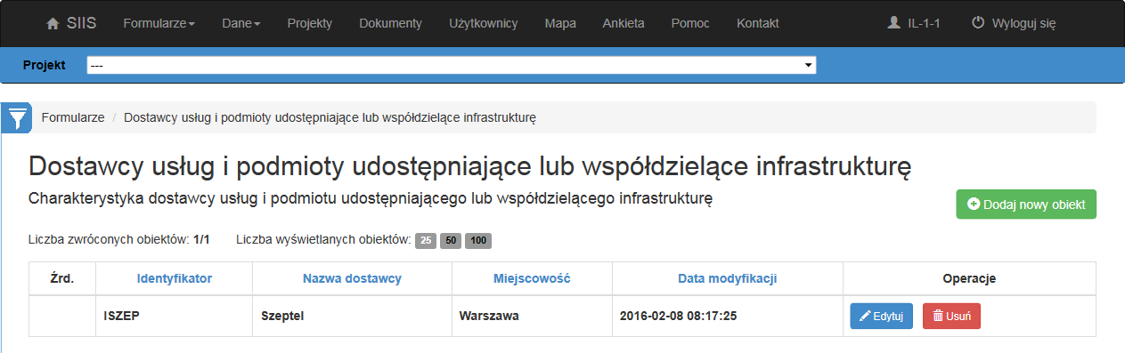 Data ostatniej modyfikacji obiektu. Naciskając opisy pól w nagłówku tabeli można obiekty posortować wg wybranej kolumny rosnąco lub malejąco.