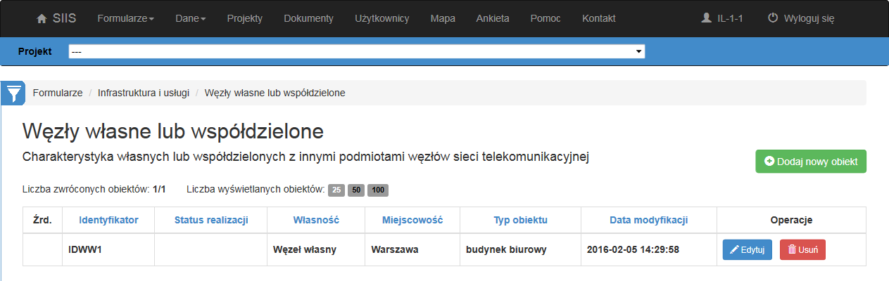 6.4 Grupa Infrastruktura i usługi W skład grupy Infrastruktura i usługi wchodzą formularze: Węzły własne i współdzielone, Węzły obce, Łączenia kabli, Punkty styku, Linie kablowe, Linie bezprzewodowe,