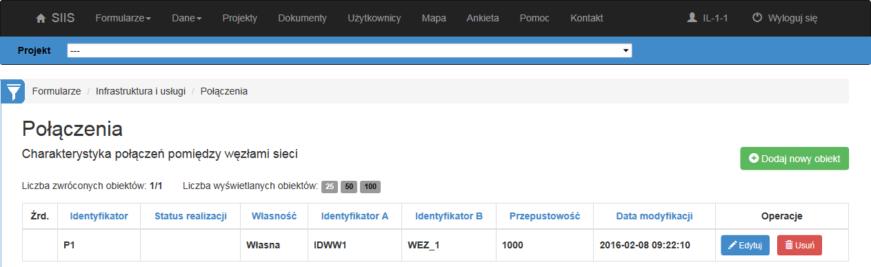 6.4.7 Połączenia Połączenia opisują logiczne parametry połączeń pomiędzy węzłami sieci. Okno listy formularzy Połączenia zostało przedstawione na Rys. 40.