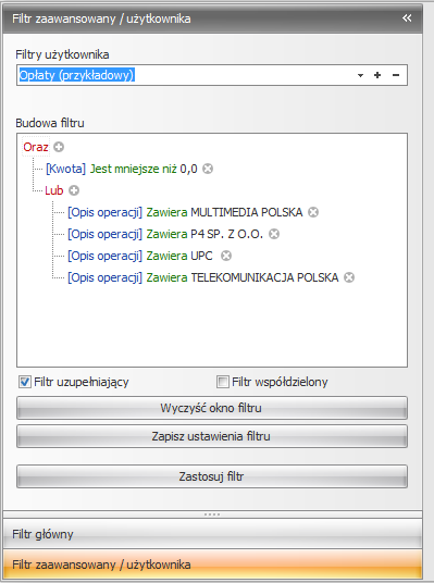 Filtrowanie operacji z użyciem filtru zaawansowanego/ użytkownika Filtr zaawansowany pozwala budować dowolne kryteria filtrowania z użyciem operatorów logicznych.