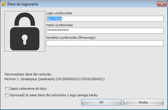 Program poprosi wówczas o podanie loginu i hasła (opcjonalnie aktualnego wskazania tokena) do serwisu internetowego danego banku, o ile nie zostały one wprowadzone wcześniej za pomocą opcji Wprowadź