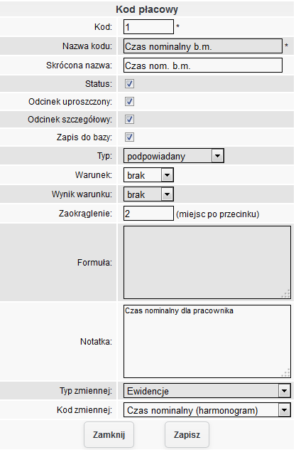 Kody płacowe Słownik ten zawiera wszystkie kody płacowe występujące w systemie. Reprezentują one wszystkie składniki, kroki algorytmu brane po uwagę podczas wyliczania płac pracowników.