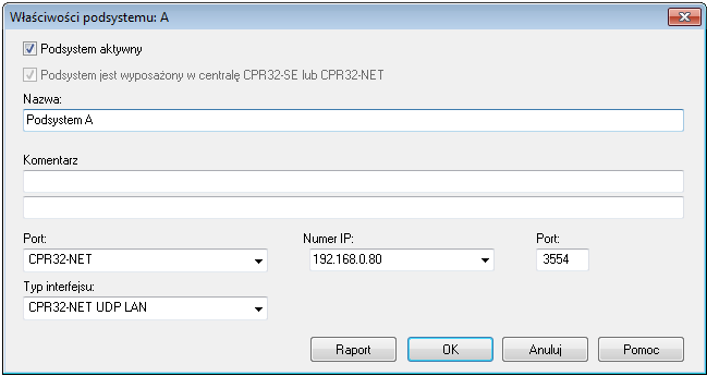 Rys. 6 Okno podsystemy Rys. 7 Okno konfiguracji podsystemu z centralą CPR32-NET Następnie zamknąć otwarte okno przyciskiem OK i w oknie Podsystemy (patrz rys. 6) nacisnąć przycisk Kontrolery.