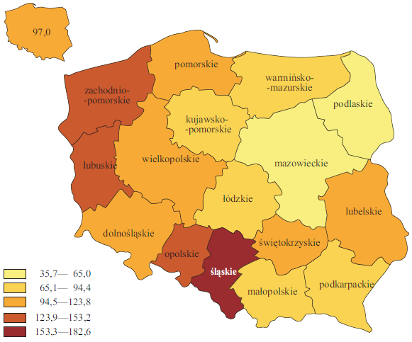 W rozkładzie terytorialnym wskaźnika zatrudnionych w warunkach zagrożenia, wyróżnia się województwo śląskie, dla którego w roku 2011 wskaźnik ten wynosił 182,6 na 1000 zatrudnionych.