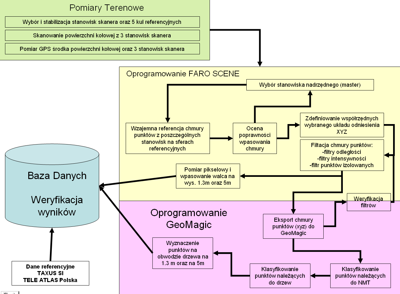 Ryc. II.3. Schemat metodyki badań nad wykorzystaniem TLS w ekstrakcji parametrów drzew Prace na samej urządzeniowej powierzchni kołowej przebiegać będą wg schematu: 1.