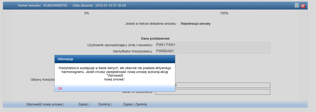 8) W przypadku kiedy umowa jest wstrzymana a kredytobiorca ubiega się ponownie o udzielenie wsparcia nr PESEL i/lub Seria i numer dokumentu (proces rejestracji nowej umowy) pojawia się komunikat (Rys.