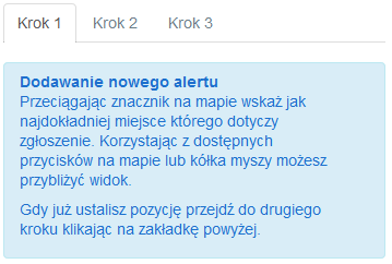 Zarządcę gminy. Rys. Komunikat dla niezalogowanych użytkowników dodających alert Zgłoszenie przebiega w trzech krokach.