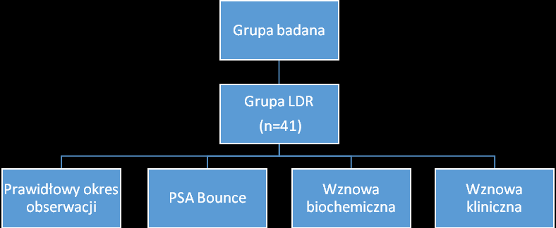 Porównanie podgrup grupy LDR i HDR Przeprowadzono analizę podgrup chorych z prawidłowym okresem obserwacji (LDR_Norma), z PSA Bounce (LDR_Bounce), wznową biochemiczną (LDR_BF) i kliniczną (LDR_CF) w