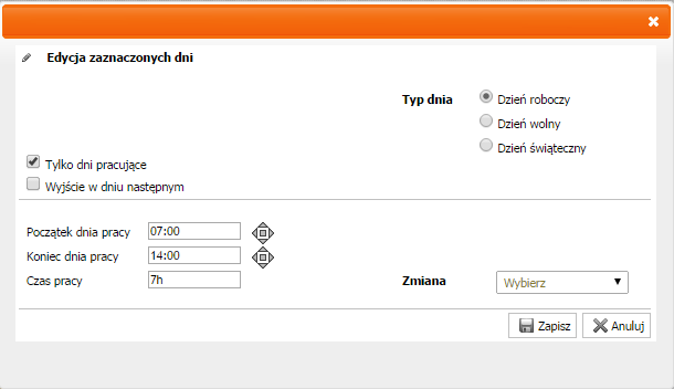 Planowanie czasu pracy w portalu 12 4. Aby wprowadzać dane dotyczące dnia, należy wybrać kafelek z godzinami zaplanowanymi w grafiku. Wybrany kafelek będzie miał czerwoną obwódkę.