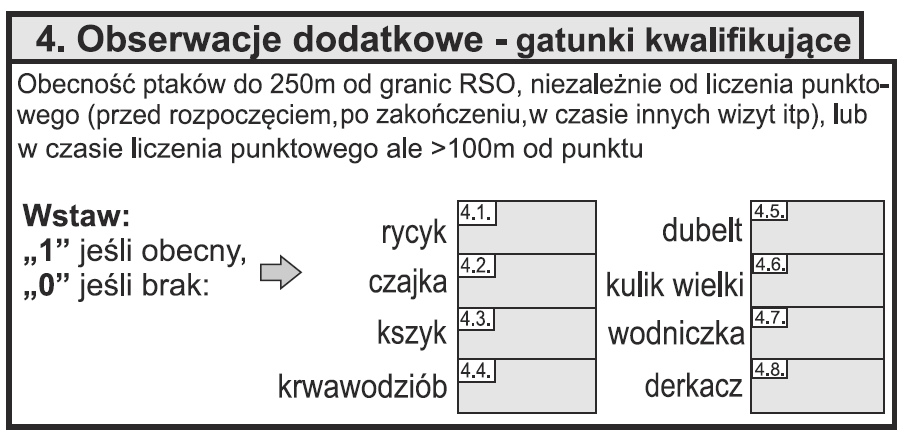 2.6.4.2. Obserwacje dodatkowe Obserwacje dodatkowe obejmują wyłącznie stwierdzenia ośmiu gatunków ptaków kwalifikujących do płatności, które mają miejsce w granicach działki RSO lub w odległości do