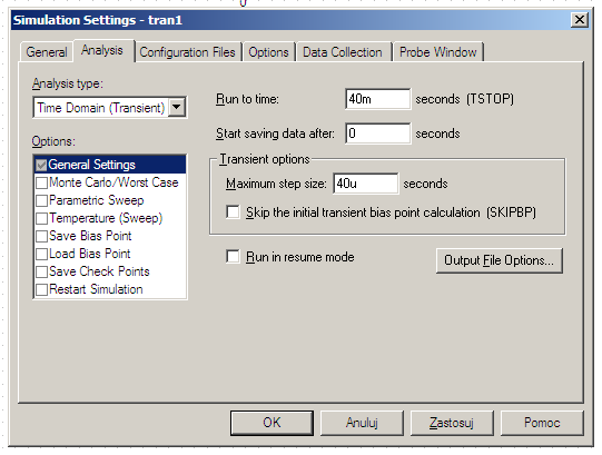 Podstawy symulacji w środowisku OrCAD Capture Spice 35 Rys. 56. W ustawieniach nie zmieniamy żadnych opcji w polu Options (poza zakresem niniejszego przewodnika).