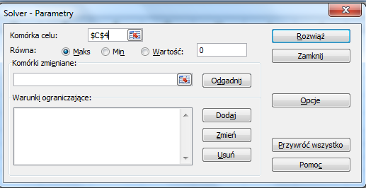 6) Musimy uzupełnić pola Solvera 7) Jako Komórkę celu podajemy zapisaną formułą funkcję celu, czyli